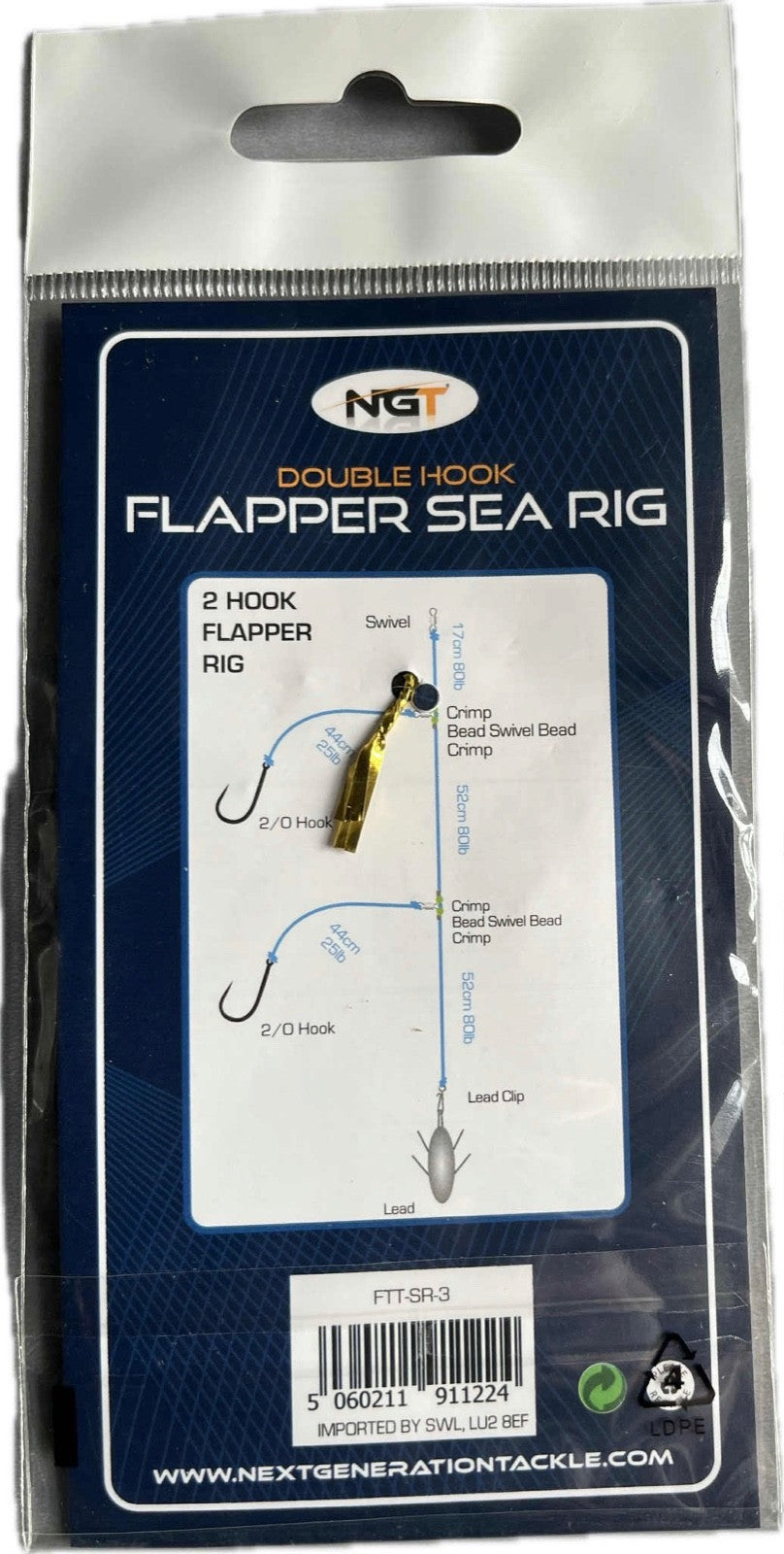 NGT Sea Rig 2 Hook Flapper, Size 2/0 80LB QTY  1, 2 or 3 Beach, Pier Fishing Sea