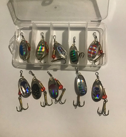 10 X Spinners Lure Set With Box Treble Hooks Spoon Lure Fishing Lure Predator